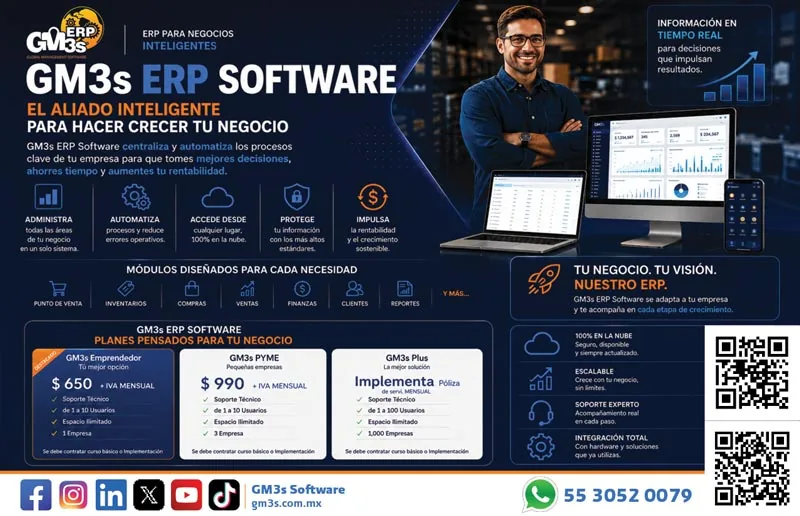 Material visual de GM3s ERP Software para presentar el sistema que el aliado puede distribuir a sus clientes